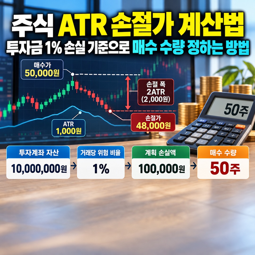 주식 ATR 손절가 계산법, 투자금 1% 손실 기준으로 매수 수량 정하는 방법 핵심 내용 정보형 썸네일