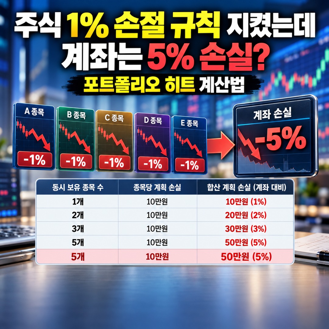 주식 1% 손절 규칙 지켰는데 계좌는 5% 손실? 포트폴리오 히트 계산법 핵심 내용 정보형 썸네일