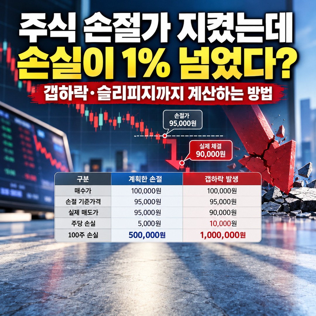 주식 손절가 지켰는데 손실이 1% 넘었다? 갭하락·슬리피지까지 계산하는 방법 핵심 내용 정보형 썸네일