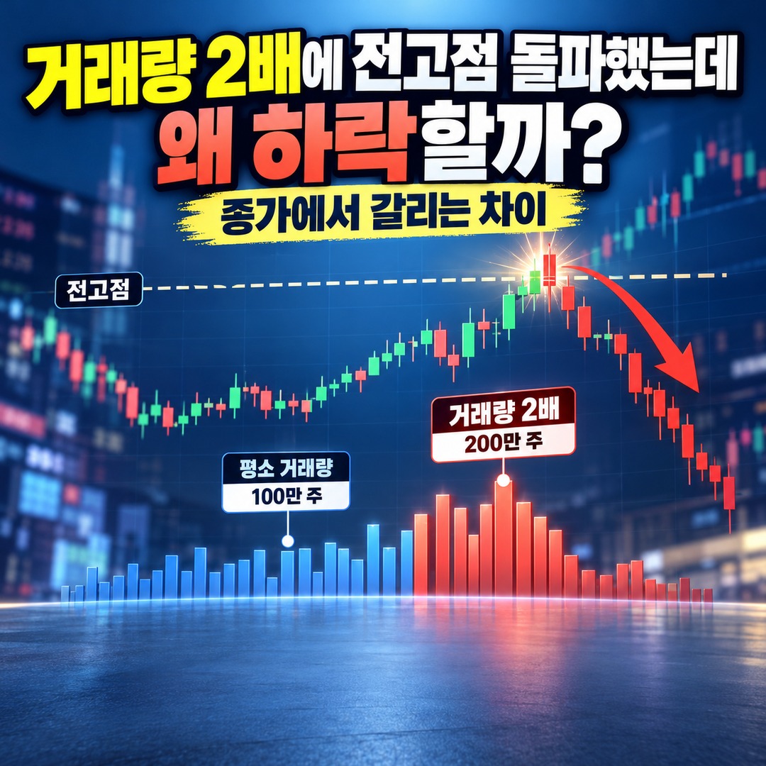 Informational thumbnail explaining why a stock can fall after trading volume doubles and the price breaks its previous high, highlighting the importance of the closing price