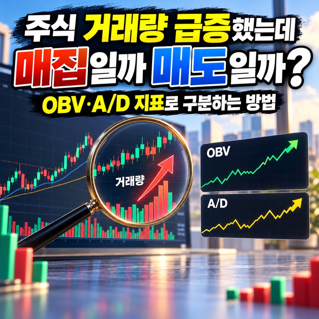Informational thumbnail highlighting how to distinguish stock accumulation from selling after a trading volume surge using OBV and A/D indicators