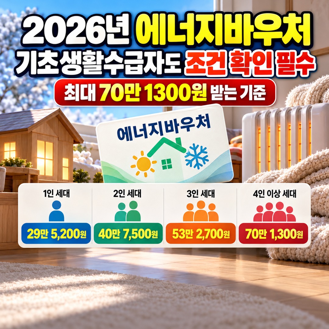 2026년 에너지바우처 기초생활수급자도 조건 확인 필수, 최대 70만 1300원 받는 기준 핵심 내용 정보형 썸네일
