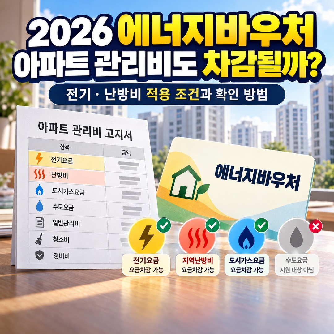 Informational thumbnail explaining whether the 2026 Energy Voucher can reduce apartment maintenance bills, including electricity and heating eligibility requirements and verification methods