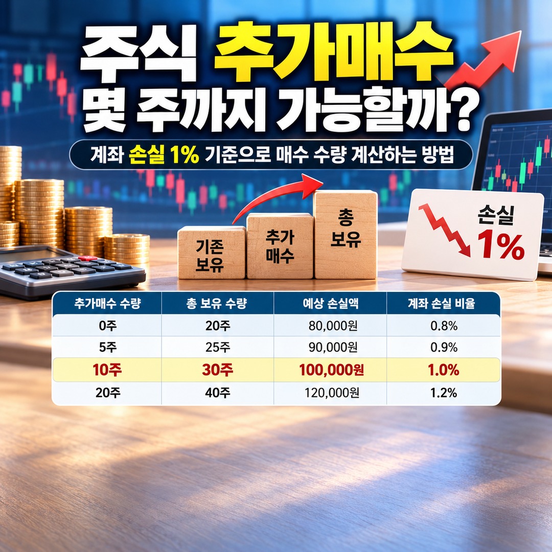 주식 추가매수 몇 주까지 가능할까? 계좌 손실 1% 기준으로 매수 수량 계산하는 방법 핵심 내용 정보형 썸네일