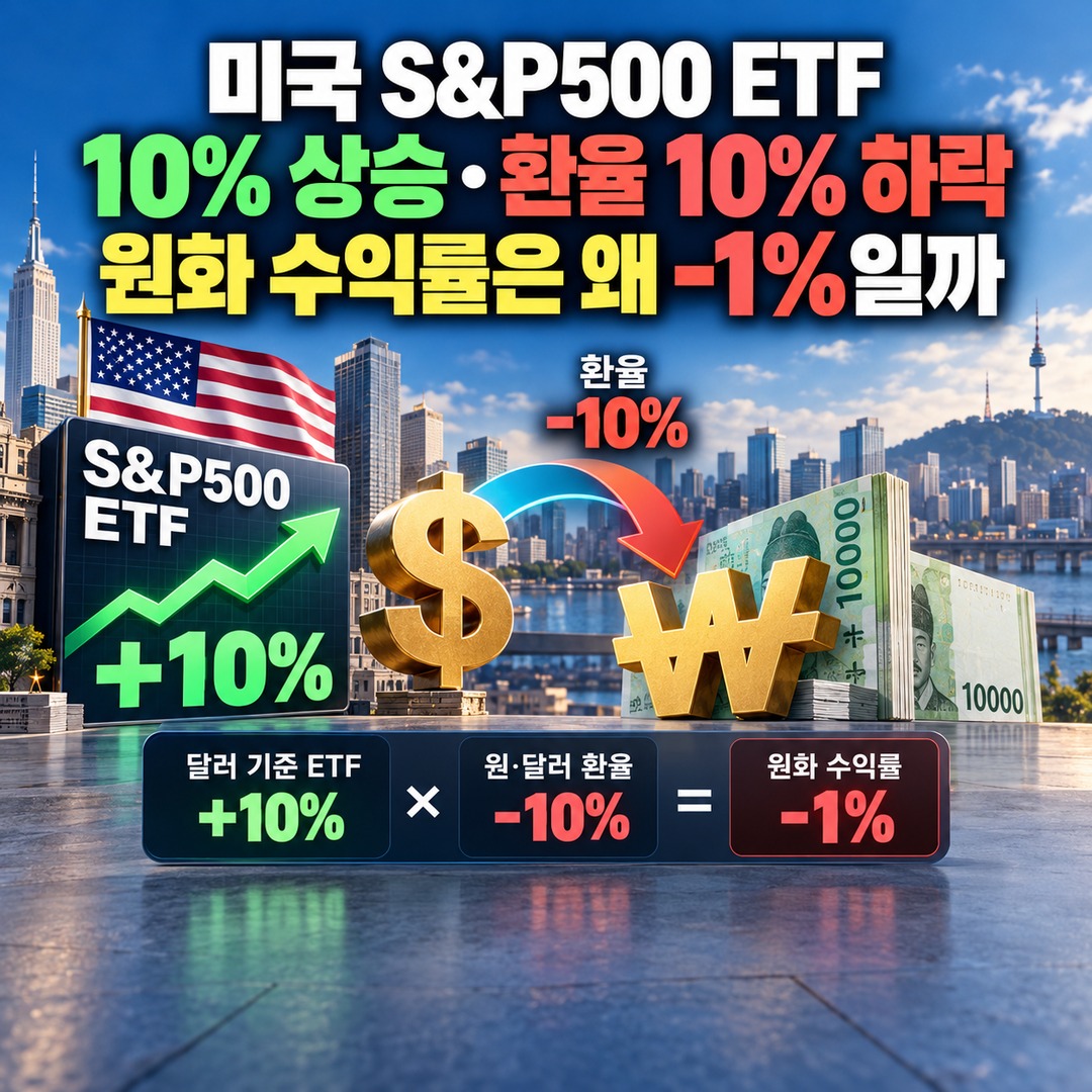 Informational thumbnail explaining why a U.S. S&P500 ETF gaining 10% while the exchange rate falls 10% results in a -1% return in Korean won