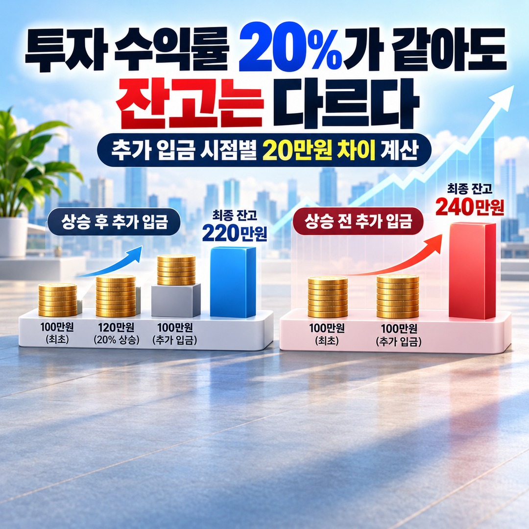 Informational thumbnail explaining why the same 20% investment return can produce different account balances, with a calculation showing a 200,000 won difference based on the timing of additional deposits
