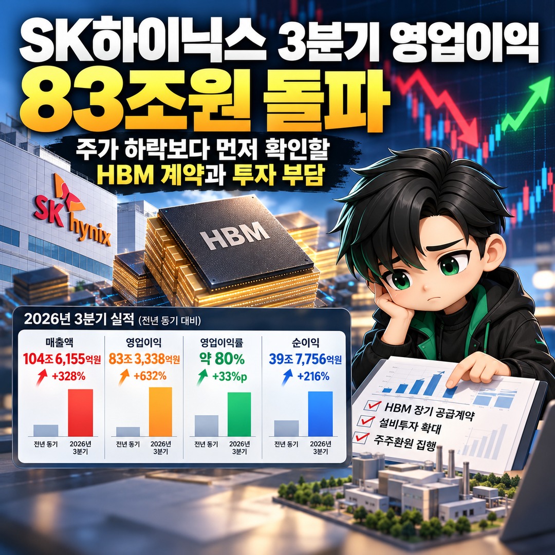 Informational thumbnail highlighting SK hynix's Q3 operating profit exceeding KRW 83 trillion, HBM contracts, investment burdens, and key considerations beyond the share price decline