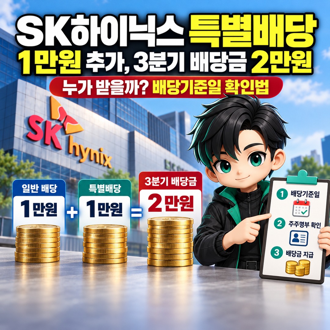 Informational thumbnail explaining the key details of SK Hynix's additional 10,000-won special dividend, who qualifies for the 20,000-won third-quarter dividend, and how to check the dividend record date