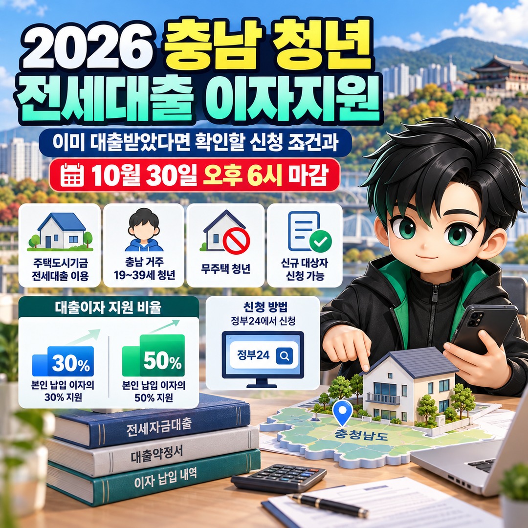 2026 충남 청년 전세대출 이자지원, 이미 대출받았다면 확인할 신청 조건과 10월 30일 마감 핵심 내용 정보형 썸네일