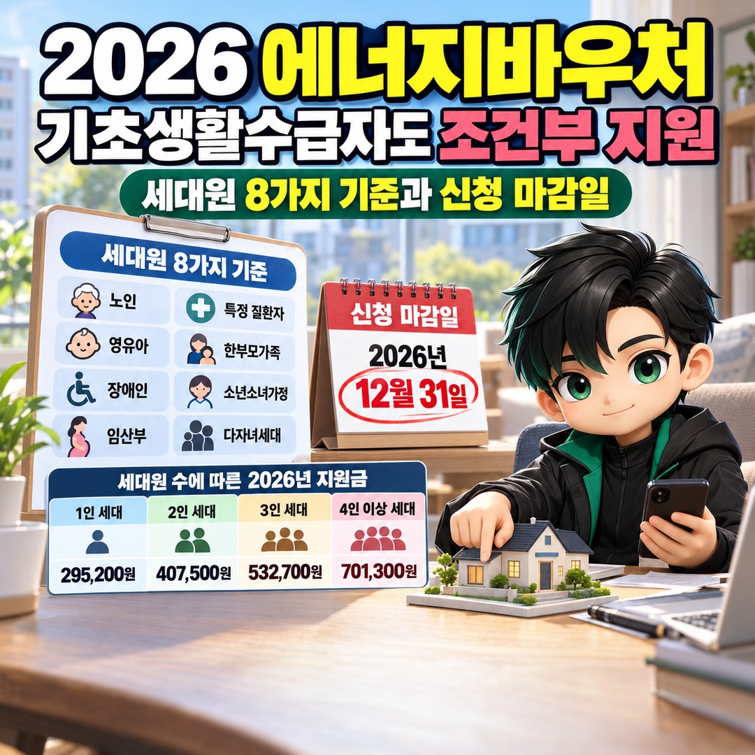 Informational thumbnail highlighting the key details of 2026 energy voucher eligibility for Basic Livelihood Security recipients, the 8 household member criteria, and the application deadline