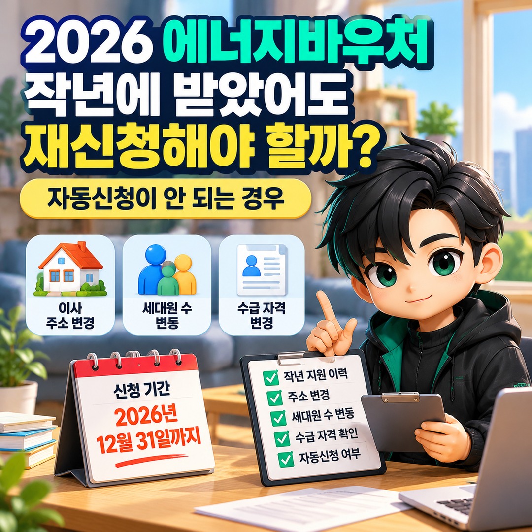 Information thumbnail explaining the key points of the 2026 Energy Voucher: whether you need to reapply after receiving it last year and when automatic application does not apply