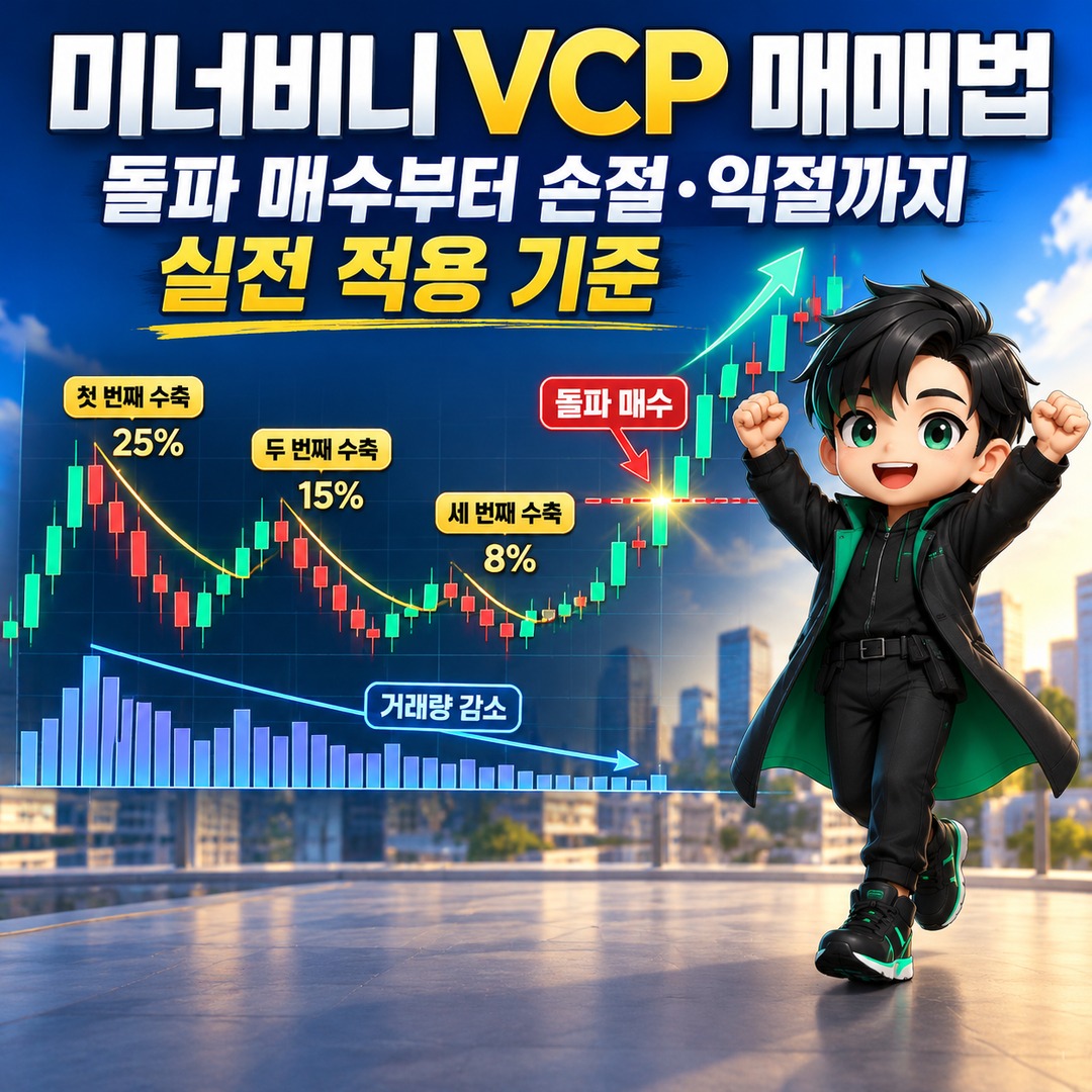 Informational thumbnail illustrating the key points of Minervini’s VCP trading strategy, from breakout entries to stop-losses and profit-taking