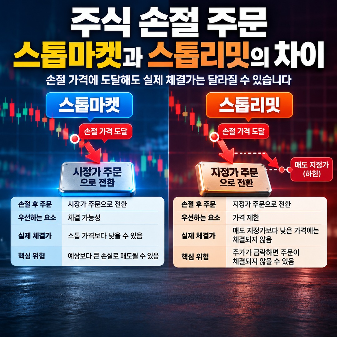 주식 손절 주문, 스톱마켓과 스톱리밋의 차이와 실제 체결가가 달라지는 이유 핵심 내용 정보형 썸네일