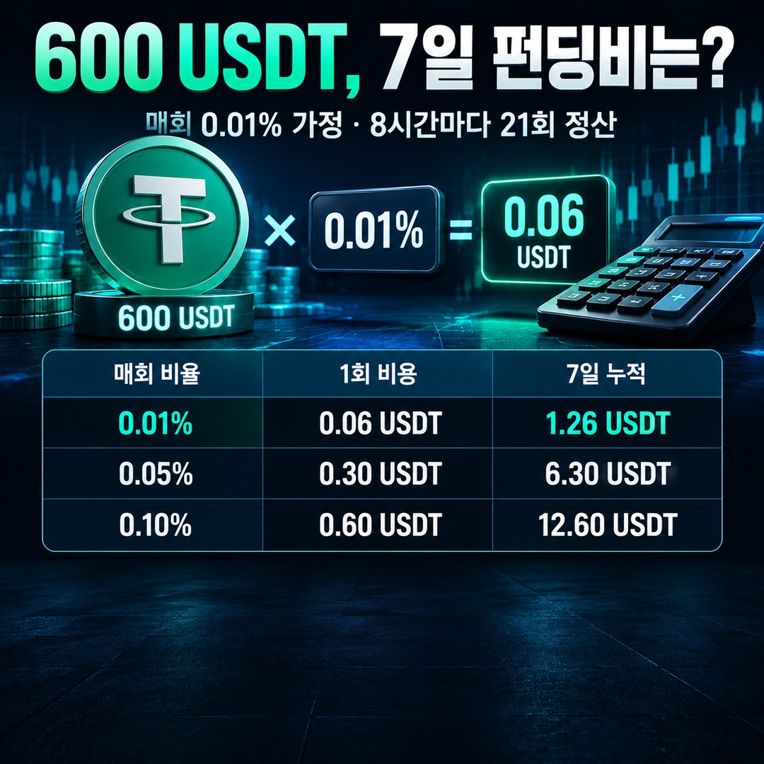 Informational thumbnail highlighting the key points of the article: Crypto Perpetual Futures: How Much Is the Funding Fee for Holding 600 USDT for 7 Days?