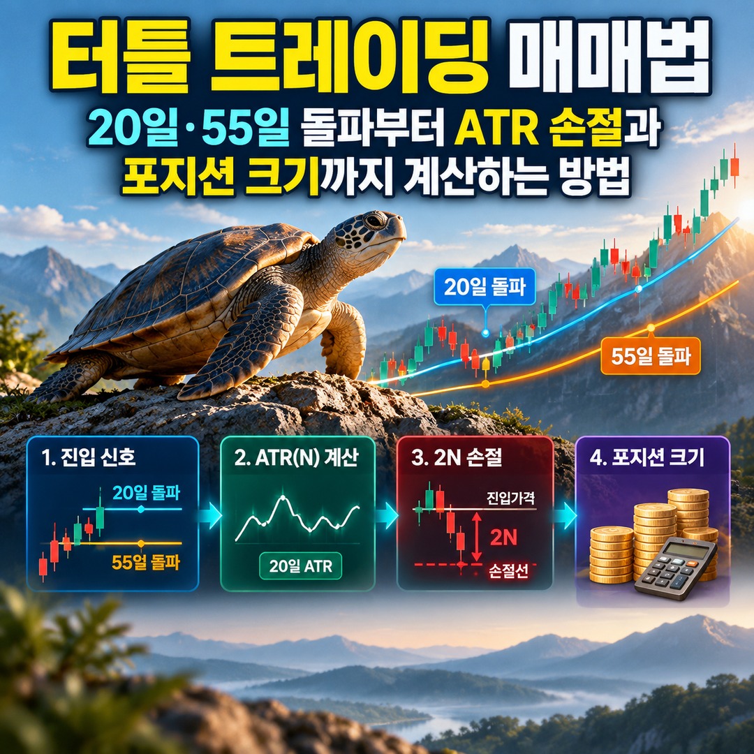 터틀 트레이딩 매매법, 20일·55일 돌파부터 ATR 손절과 포지션 크기까지 계산하는 방법 핵심 내용 정보형 썸네일