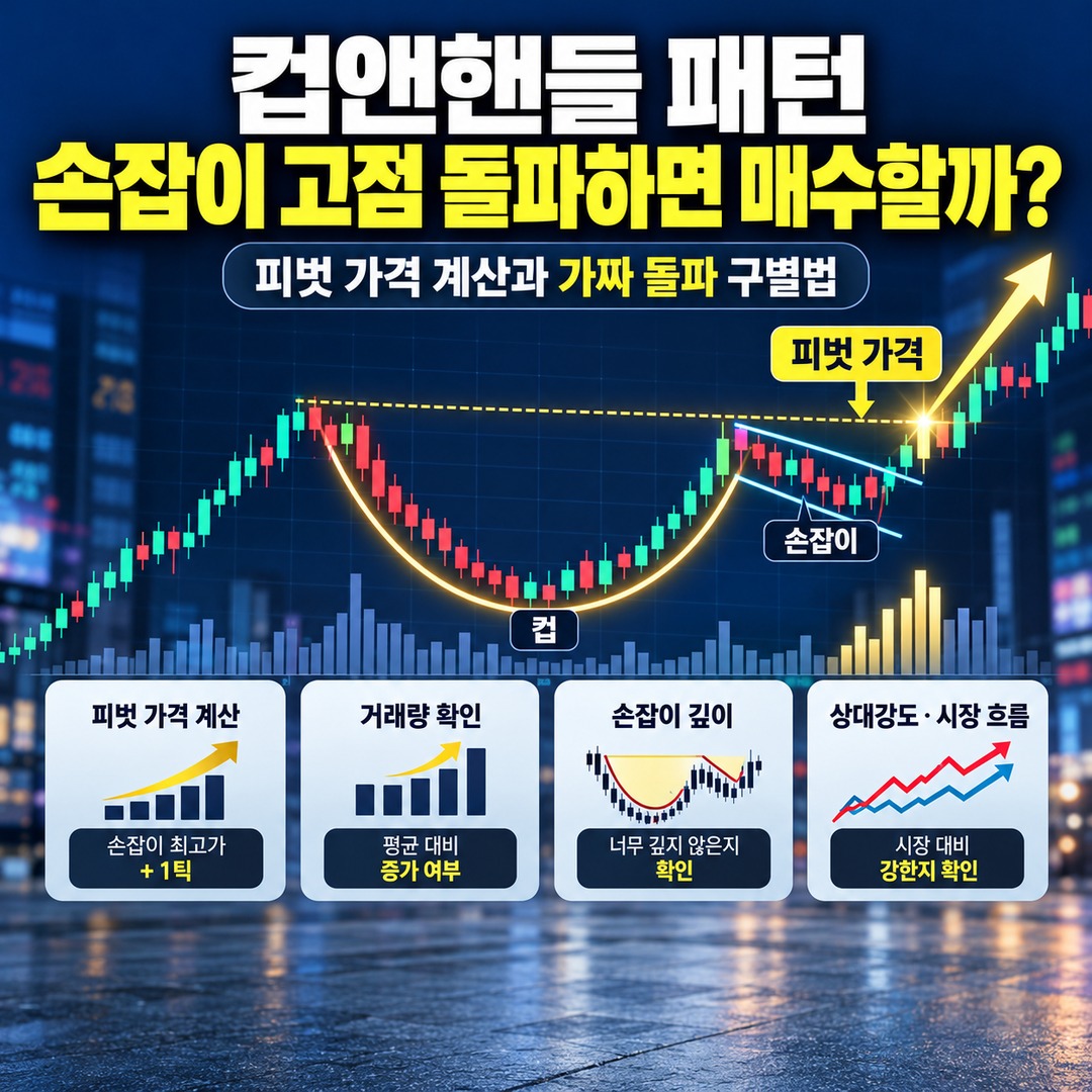 Informational thumbnail highlighting the key points of the cup and handle pattern, whether to buy after a breakout above the handle high, how to calculate the pivot price, and how to identify false breakouts