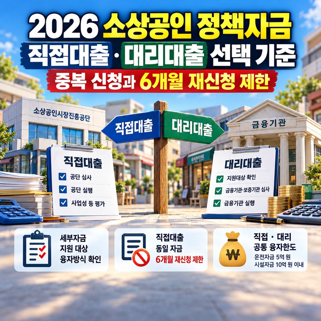 Informational thumbnail highlighting the key criteria for choosing between direct and bank-intermediated small business policy loans in 2026, duplicate applications, and the six-month reapplication restriction