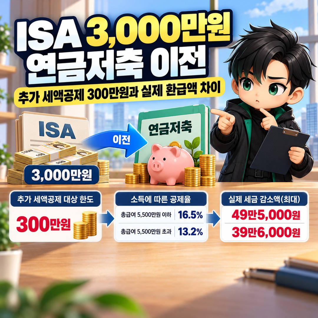 ISA 만기자금 3,000만원 연금저축 이전, 추가 세액공제 300만원과 실제 환급액 차이 핵심 내용 정보형 썸네일