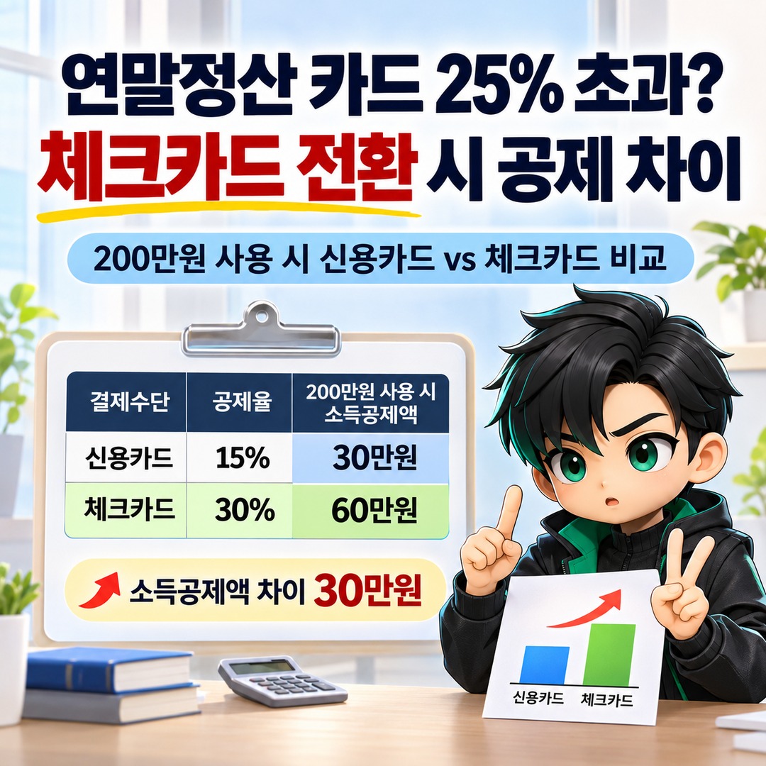Informational thumbnail highlighting the key points of the 2026 year-end tax settlement: exceeding the 25% credit card spending threshold and the deduction difference when switching 2 million won in spending to a debit card