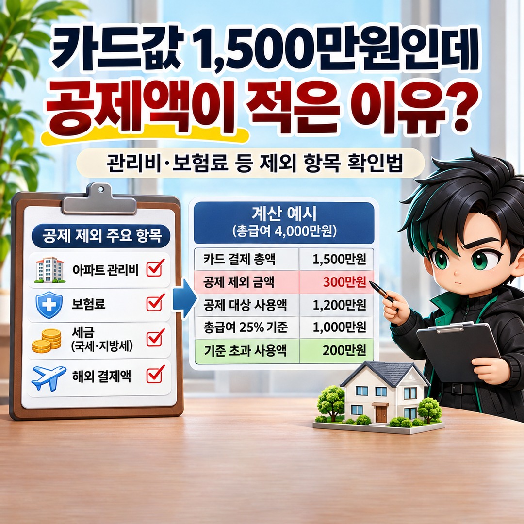 2026 연말정산 카드값은 1,500만원인데 공제액이 적다면? 관리비·보험료 등 제외 항목 확인법 핵심 내용 정보형 썸네일