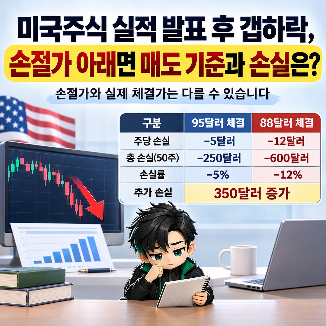 미국주식 실적 발표 후 갭하락, 손절가 아래로 출발했다면 매도 기준과 실제 손실은? 핵심 내용 정보형 썸네일