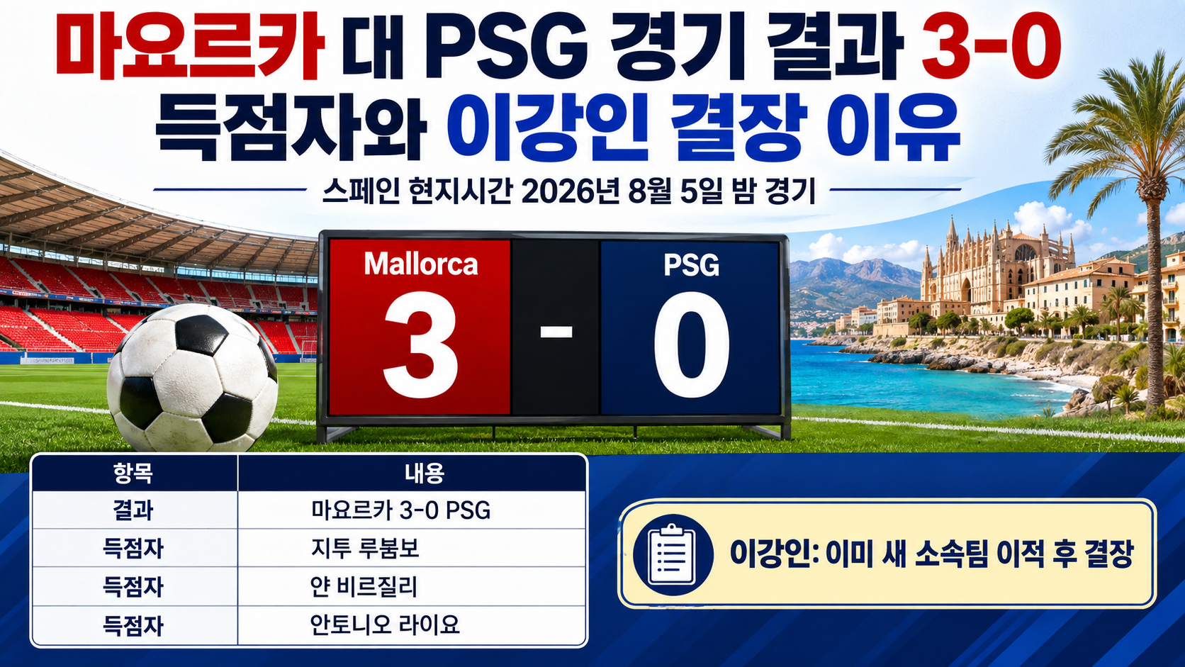 마요르카가 PSG를 3대0으로 이긴 친선경기의 득점 시간과 이강인 결장 이유를 요약한 이미지