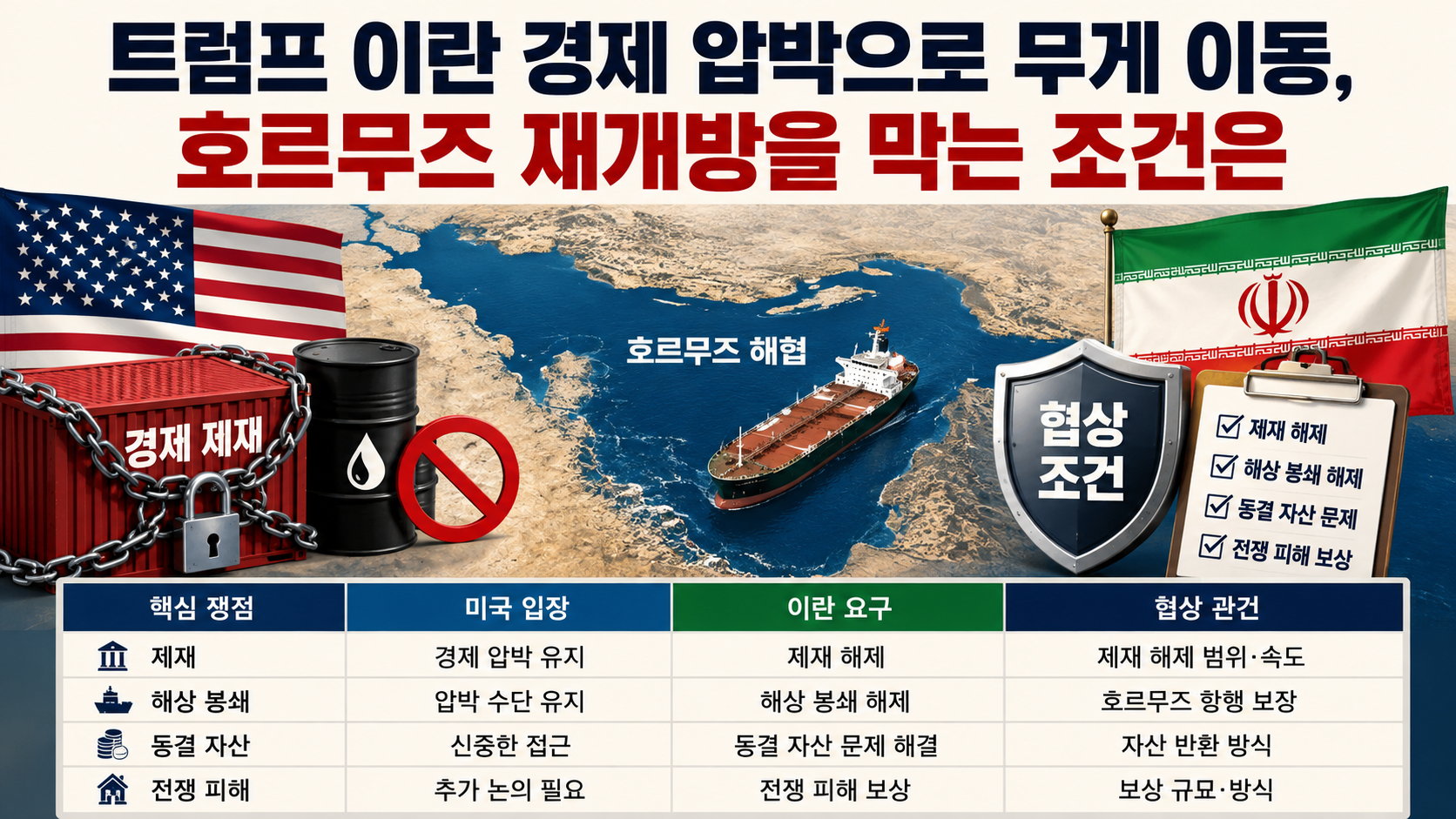 미국의 대이란 경제 압박과 호르무즈 해협 재개방 협상의 주요 조건을 비교한 시각 자료