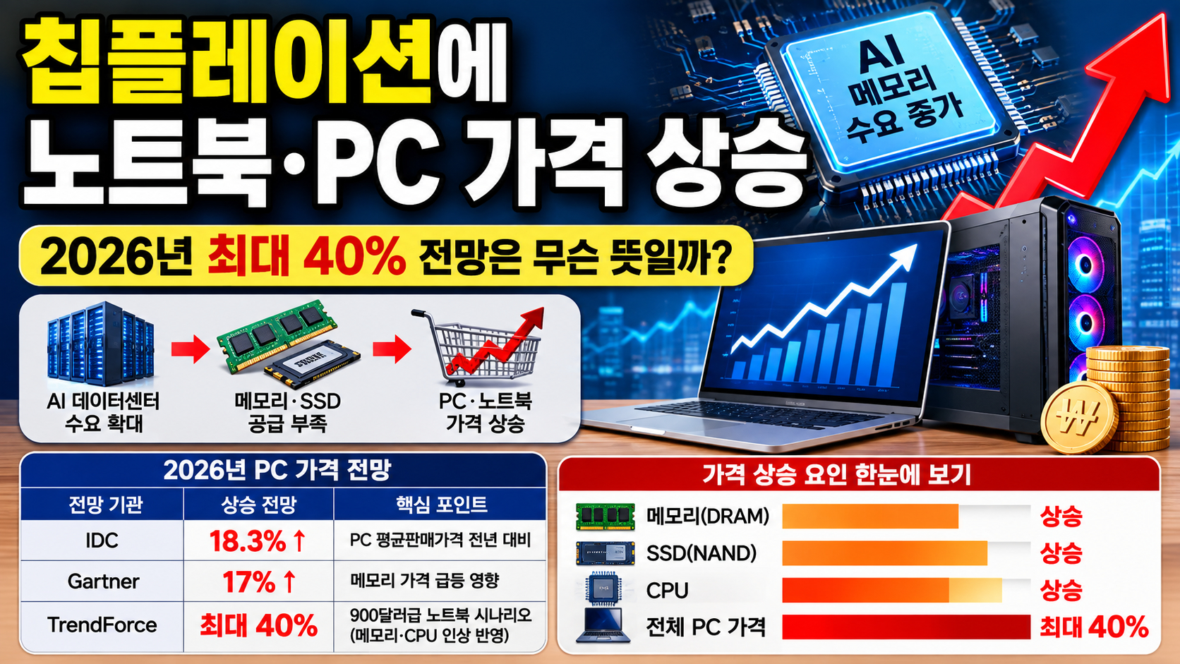 칩플레이션에 노트북·PC 가격 상승, 2026년 최대 40% 전망은 무슨 뜻일까