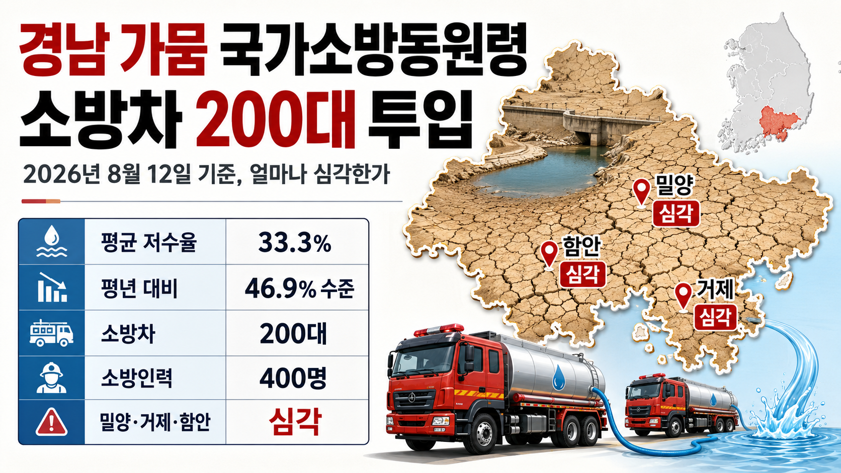 경남 가뭄 국가소방동원령, 소방차 200대 투입될 만큼 얼마나 심각한가