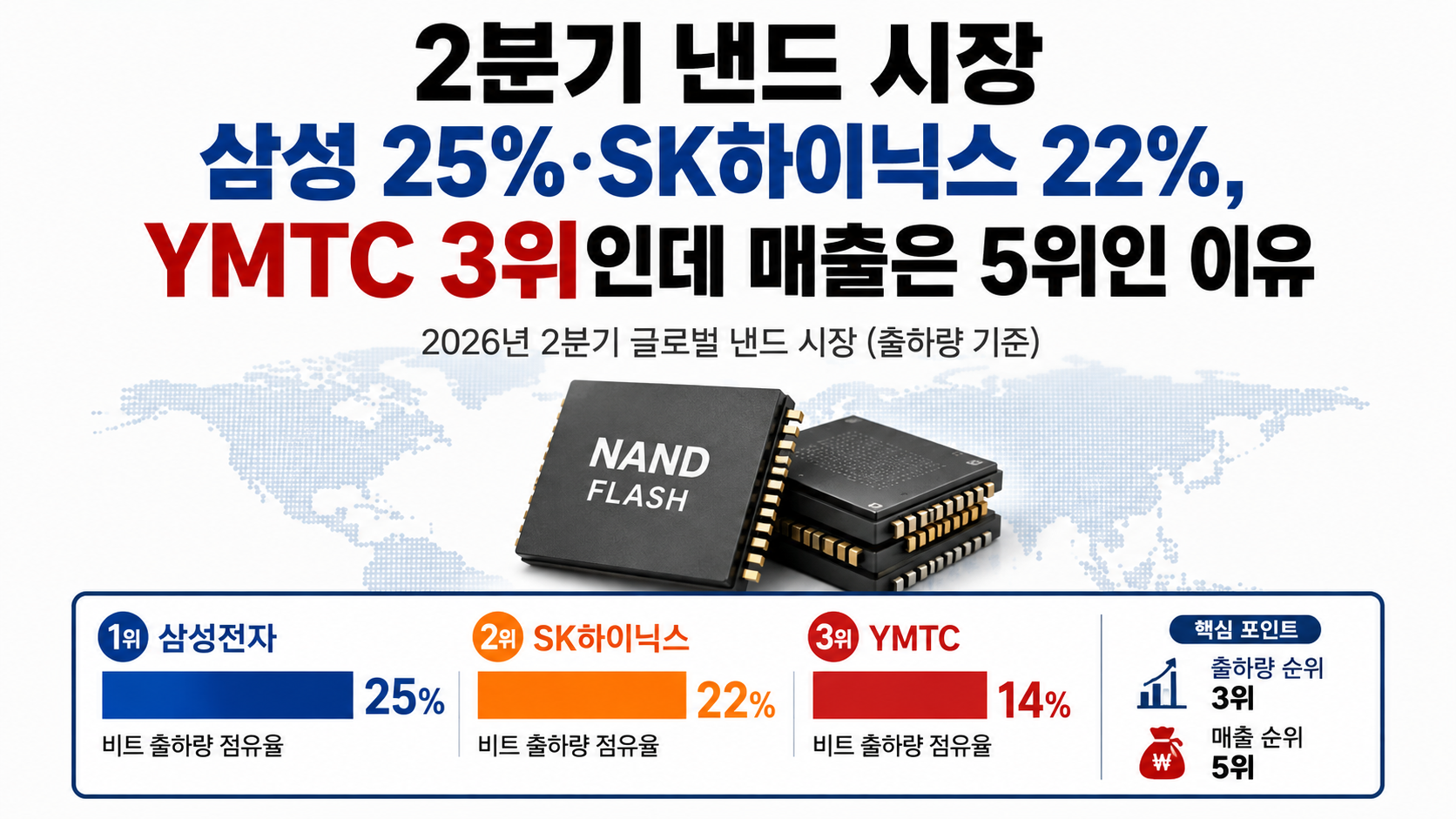 2분기 낸드 시장 삼성 25%·SK하이닉스 22%, YMTC 3위인데 매출은 5위인 이유