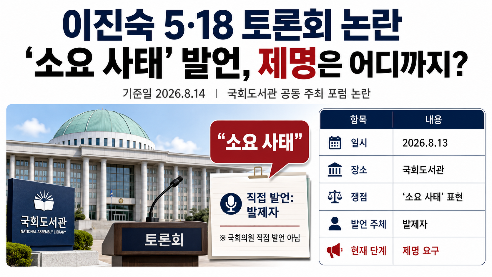 이진숙 의원 주최 5·18 국회 토론회의 핵심 발언과 특별법·국회의원 제명 절차를 구분해 보여주는 정보 이미지