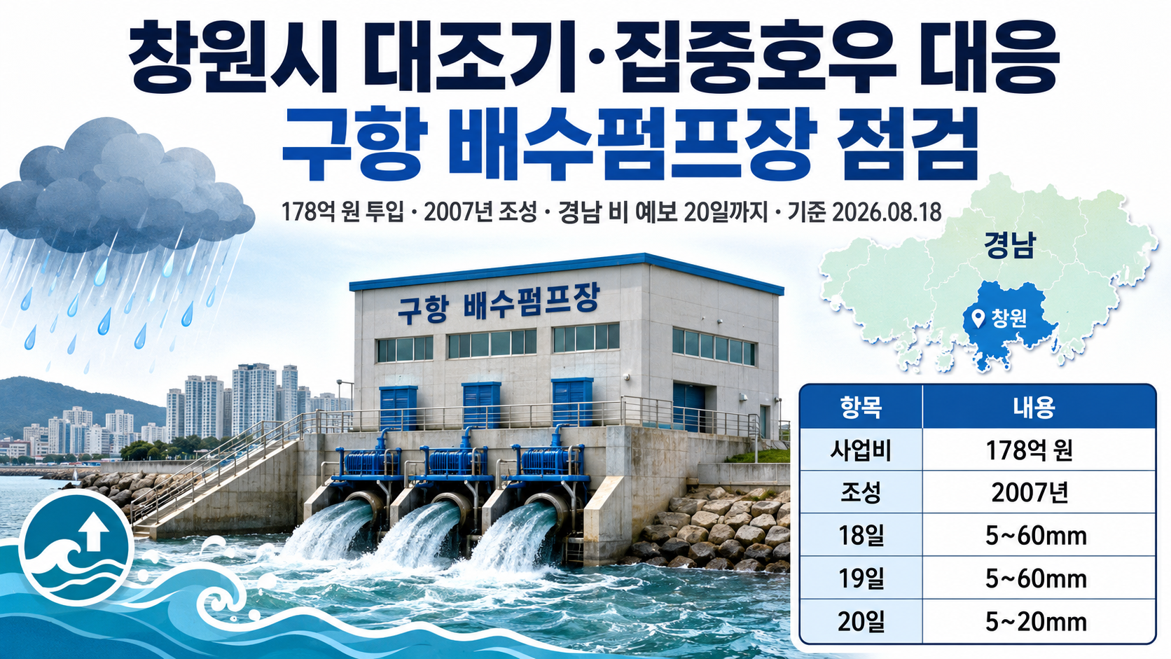 창원시 대조기·집중호우 대응, 178억 구항 배수펌프장 점검…경남 비 예보는 20일까지
