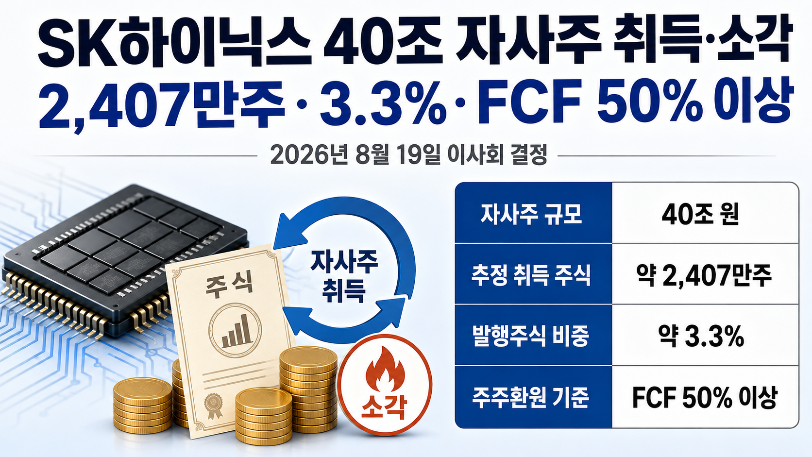 SK하이닉스 40조 자사주 취득·소각, 2,407만주·3.3%와 ‘FCF 50% 이상’의 의미