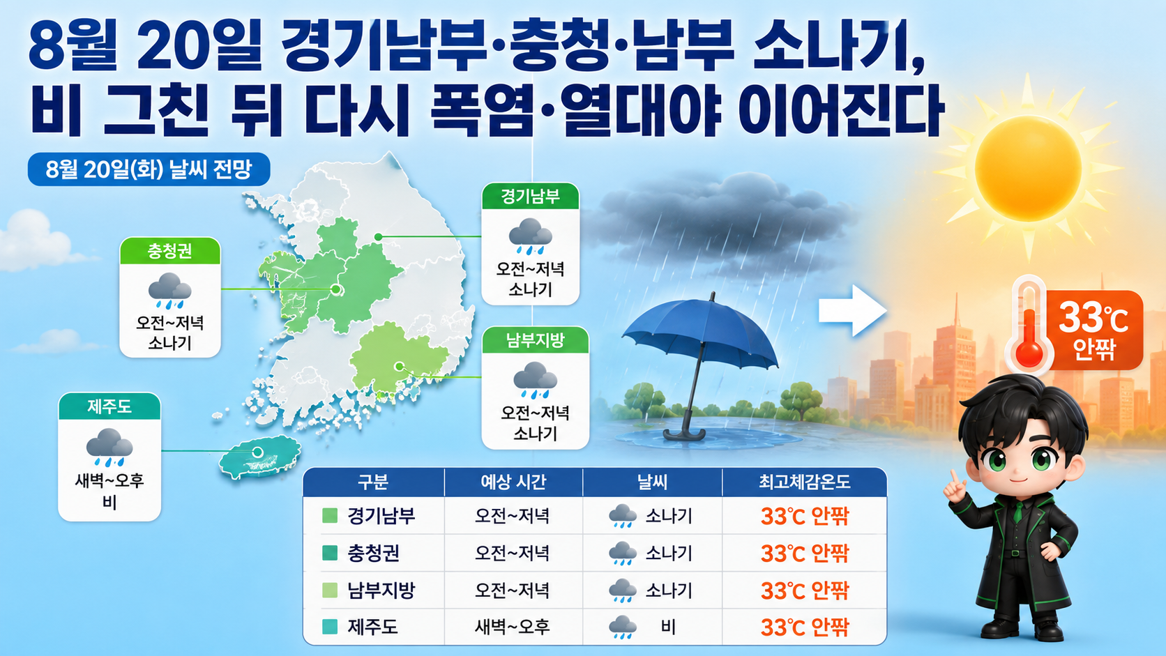 8월 20일 경기남부·충청·남부 소나기, 비 그친 뒤 다시 폭염·열대야 이어진다