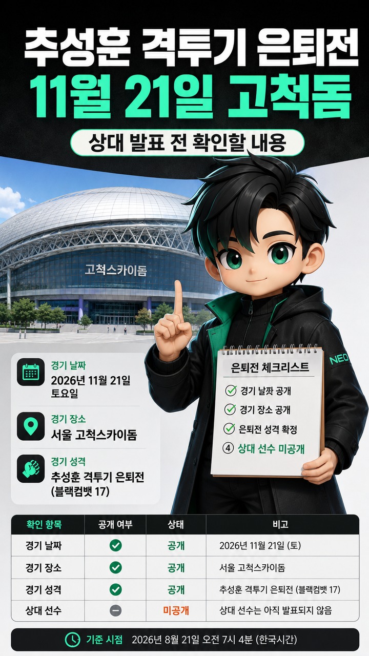 추성훈 격투기 은퇴전 11월 21일 고척돔…상대 발표 전 확인할 내용