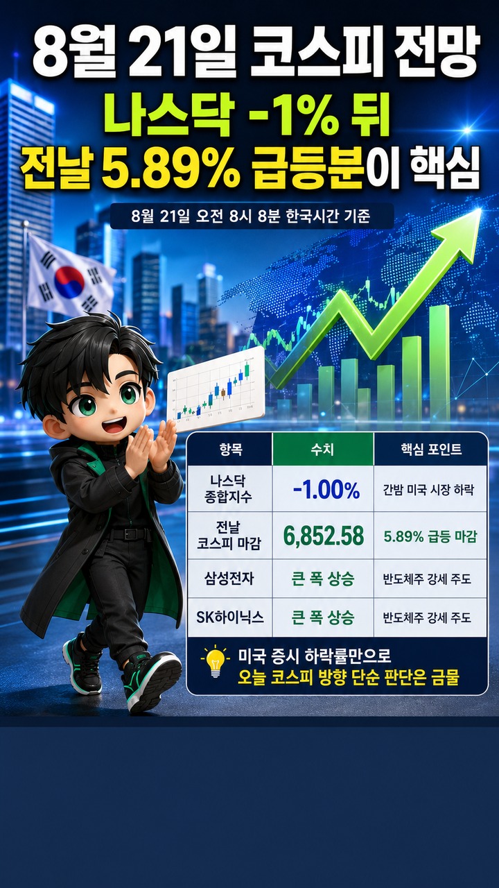 8월21일 코스피 전망, 나스닥 -1% 뒤 전날 5.89% 급등분이 핵심