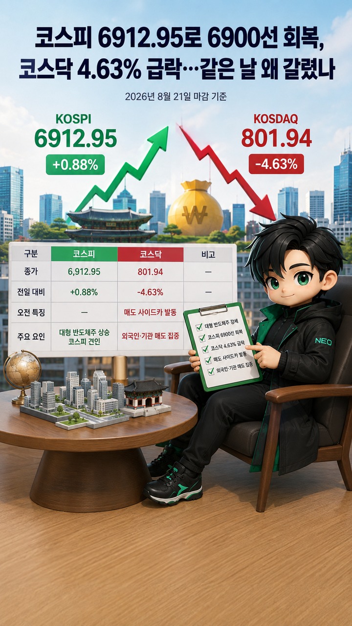 코스피 6912.95로 6900선 회복, 코스닥 4.63% 급락…같은 날 왜 이렇게 갈렸나