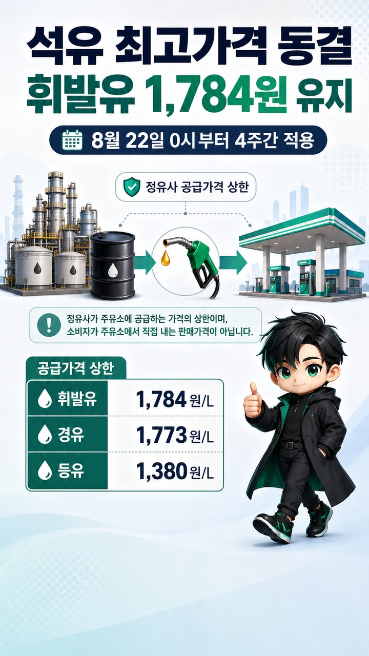 석유 최고가격 동결, 9차도 휘발유 1,784원 유지…22일부터 달라지는 기준