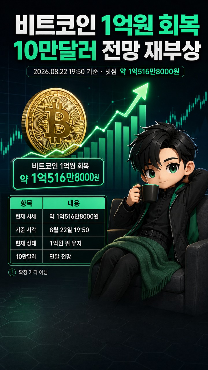 비트코인 1억원 회복 뒤 10만달러 전망 재부상, 현재 시세와 남은 거리