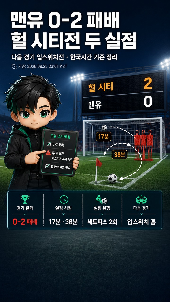 맨유 경기 0-2 패배, 헐 시티전 두 실점과 다음 입스위치전 한국시간