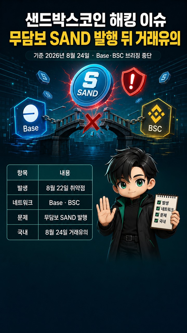 샌드박스코인 해킹 이슈, Base·BSC 무담보 SAND 발행 뒤 거래유의종목 지정