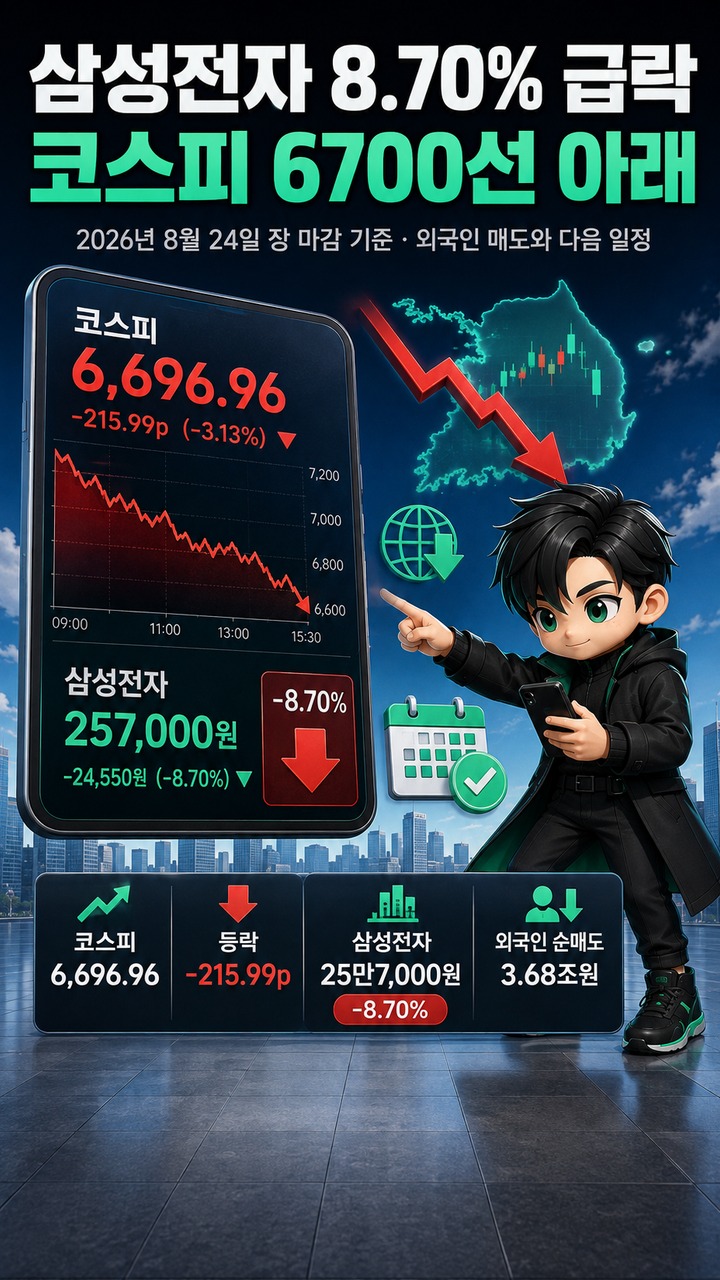 삼성전자 8.70% 급락, 코스피 6700선 아래…외국인 3.68조 매도와 다음 일정