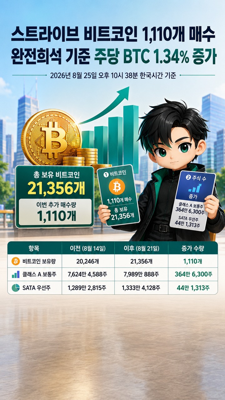 스트라이브 비트코인 1,110개 매수, 21,356개 보유 뒤 완전희석 기준 주당 BTC는 1.34% 늘었다