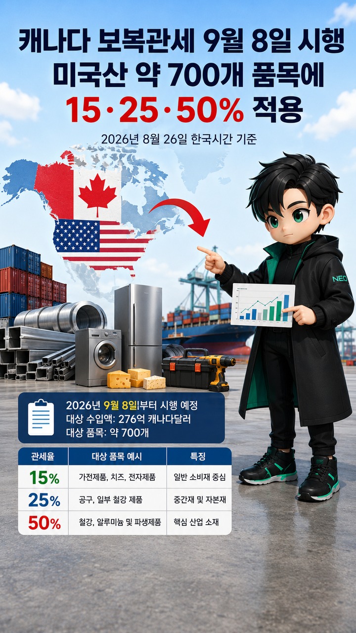캐나다 보복관세 9월 8일 시행, 미국산 약 700개 품목에 15·25·50% 적용