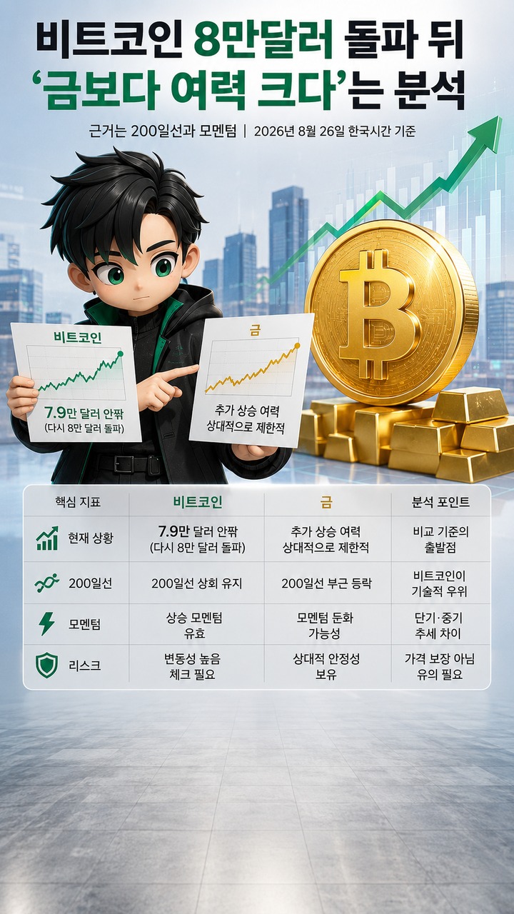 비트코인 8만달러 돌파 뒤 ‘금보다 여력 크다’는 분석, 근거는 200일선과 모멘텀