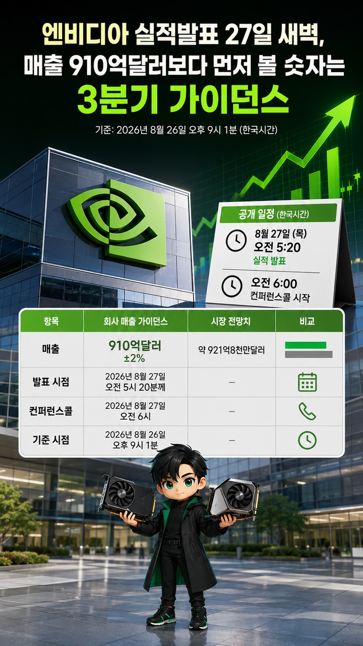 엔비디아 실적발표 27일 새벽, 매출 910억달러보다 먼저 볼 숫자는 3분기 가이던스