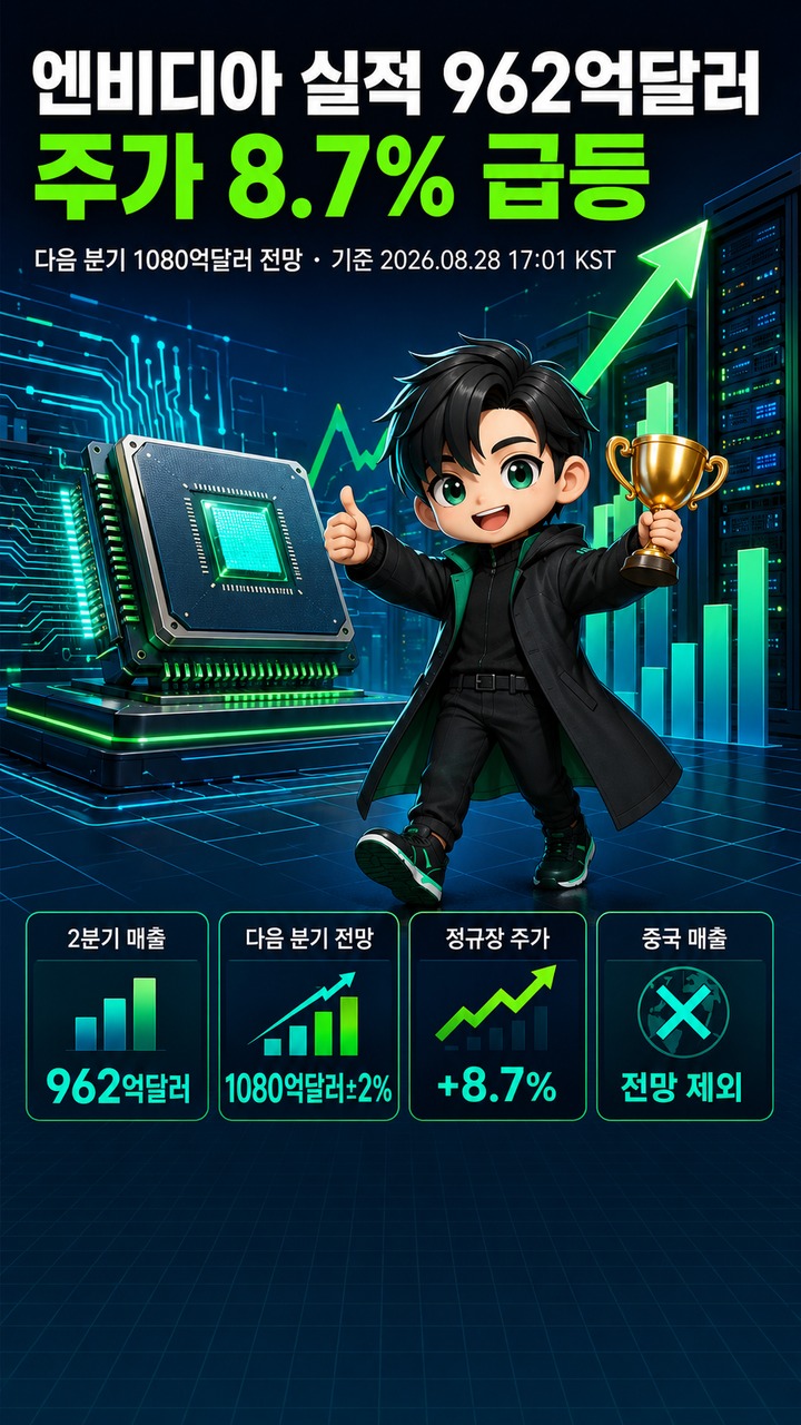 엔비디아 실적 962억달러, 주가 8.7% 급등…다음 분기 1080억달러 전망까지