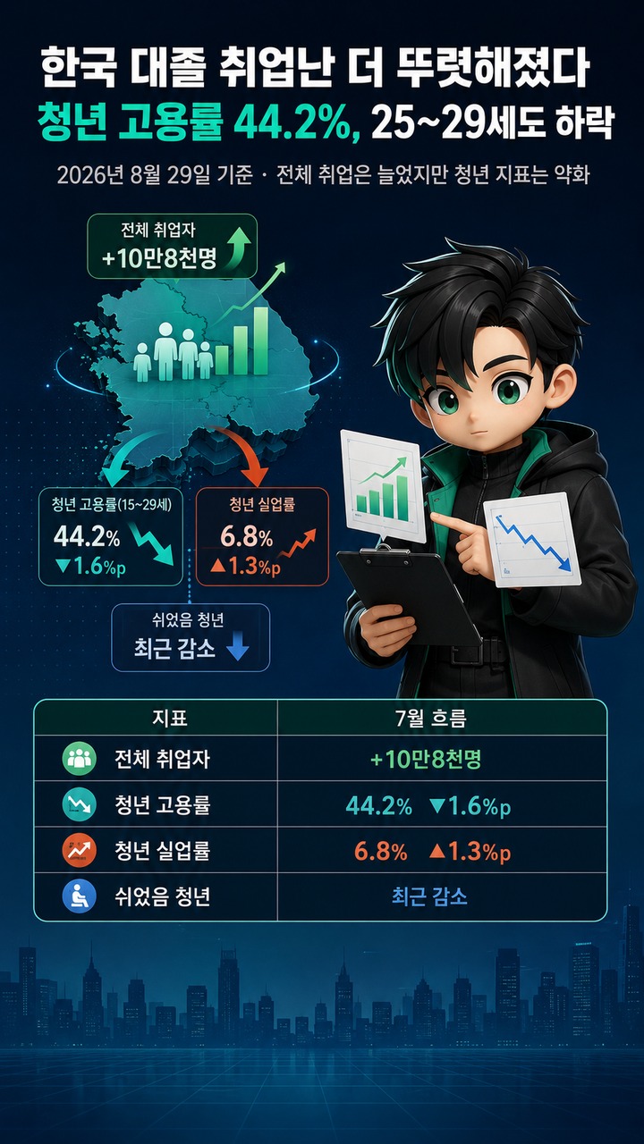 한국 대졸 취업난 더 뚜렷해졌다…청년 고용률 44.2%, 25~29세도 하락