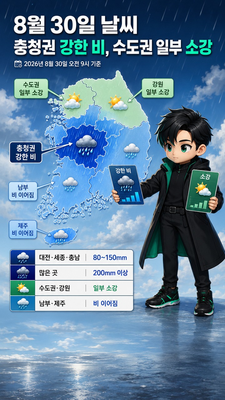 8월 30일 날씨, 충청권 80~150mm 비…수도권 일부는 소강