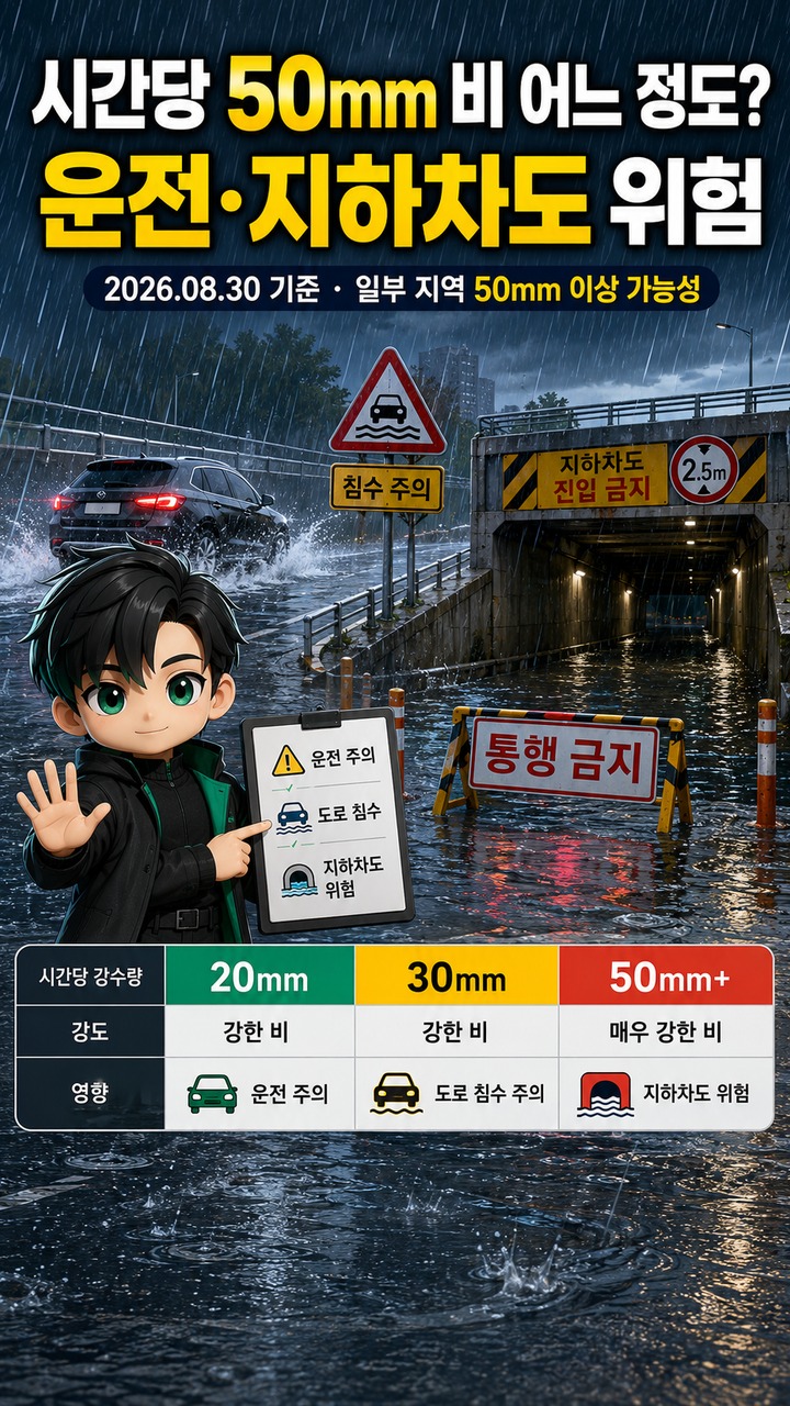 시간당 50mm 비 어느 정도? 운전·지하차도 위험과 호우특보 기준